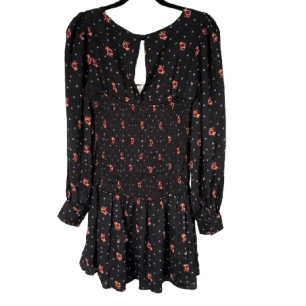 Free People Two Faces Milkmaid Black Floral Long Sleeve Dress NWT Sz S Womens